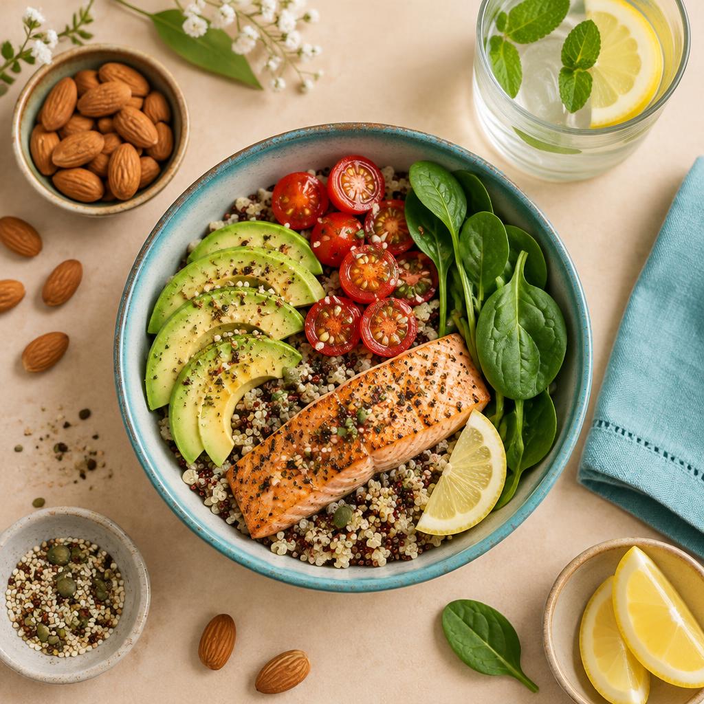 Bowl équilibré : saumon, avocat, quinoa et épinards