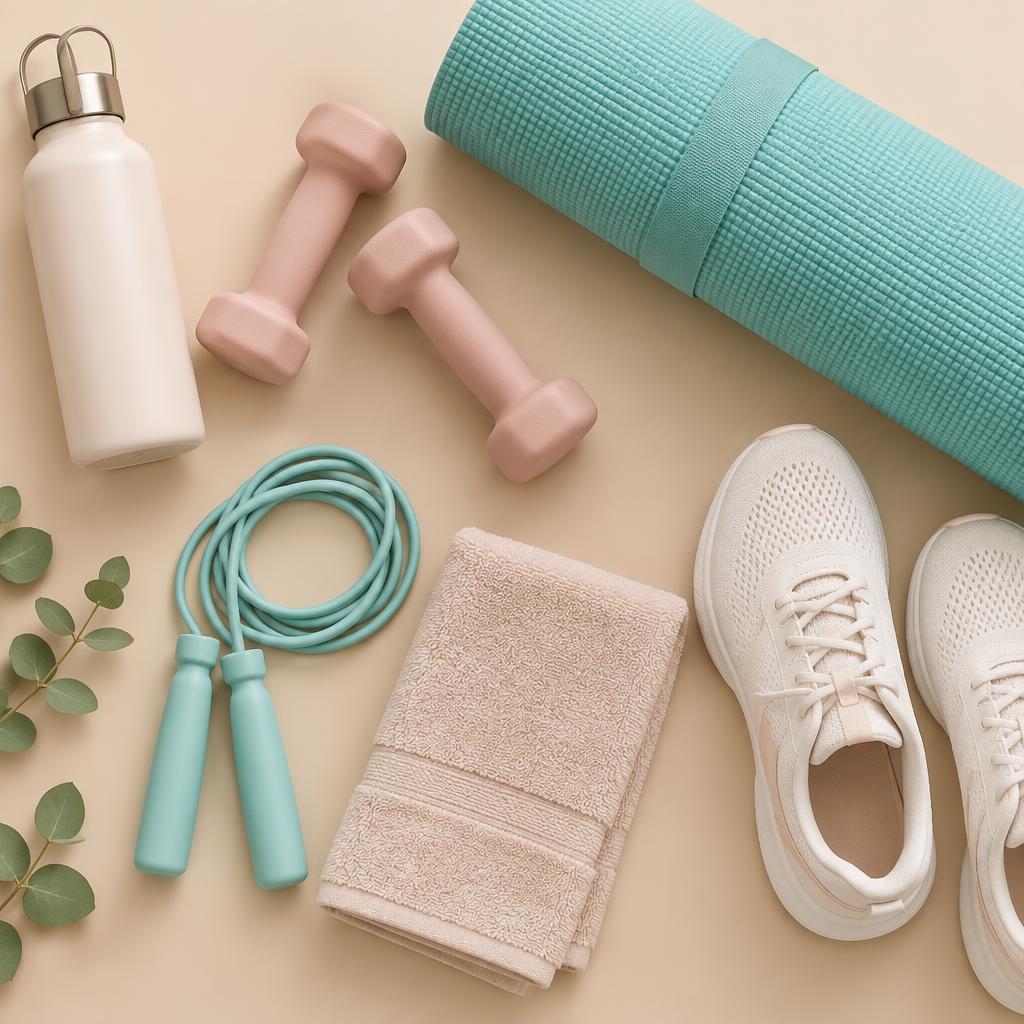 Haltères, tapis de yoga, corde à sauter et basket